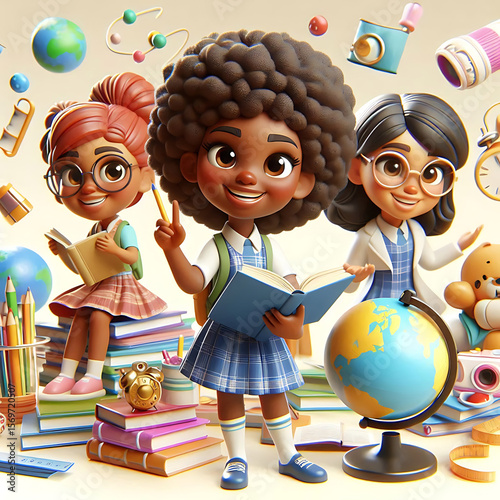 Schoolgirls studying together, embracing knowledge and education