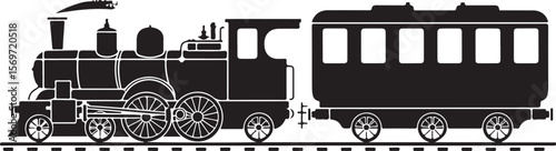 vintage steam locomotive silhouette with passenger coach on railway track in classic black and white illustration style