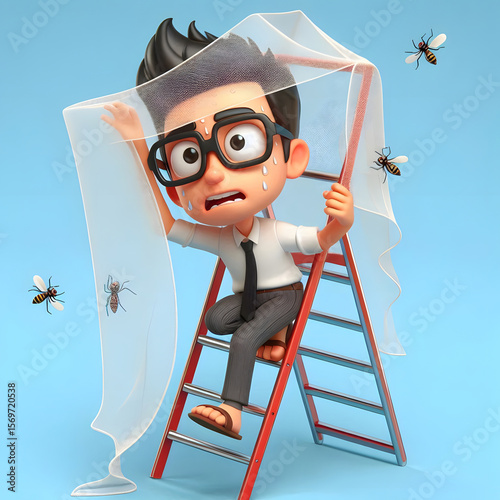 Man running down ladder trapped in mosquito net protecting from insects