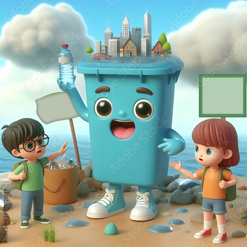 Students learning environmental protection from recycling bin character holding clean water bottle