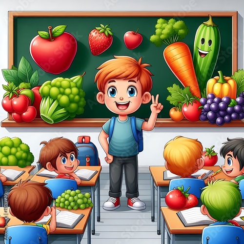 Schoolboy explaining healthy food to classmates in classroom