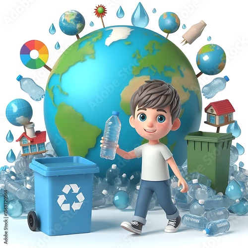 Young boy holding water bottle promoting water conservation and recycling with earth in background