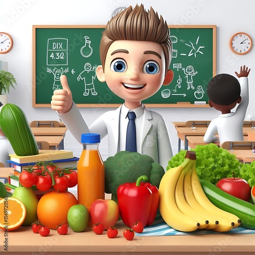 Scientist boy promoting healthy eating habits in classroom