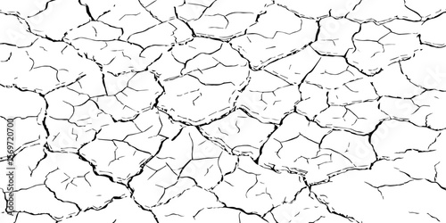 Black and white cracked earth texture, depicting dryness and erosion. Ideal for climate change, drought, desertification, or natural disaster themes in art, design, or environmental awareness.