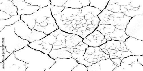 Black and white cracked earth texture, depicting dryness and erosion. Ideal for climate change, drought, desertification, or natural disaster themes in art, design, or environmental awareness.