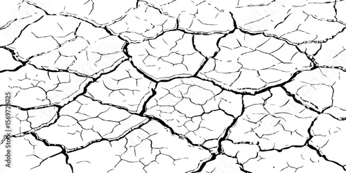 Black and white cracked earth texture, depicting dryness and erosion. Ideal for climate change, drought, desertification, or natural disaster themes in art, design, or environmental awareness.
