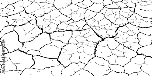 Black and white cracked earth texture, depicting dryness and erosion. Ideal for climate change, drought, desertification, or natural disaster themes in art, design, or environmental awareness.