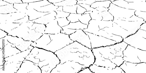 Black and white cracked earth texture, depicting dryness and erosion. Ideal for climate change, drought, desertification, or natural disaster themes in art, design, or environmental awareness.