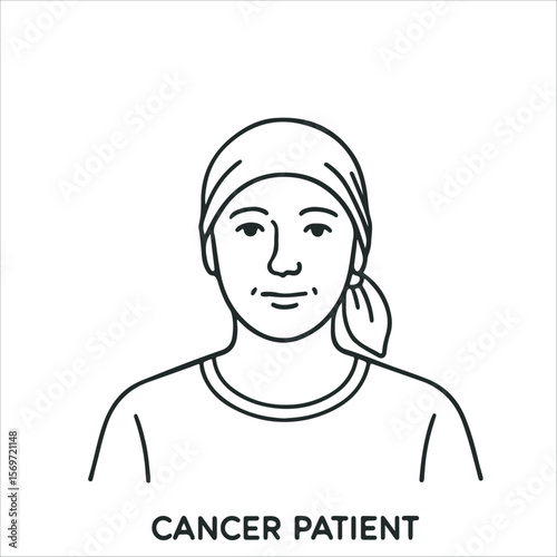 Cancer patient. Woman with headscarf, line drawing for cancer awareness