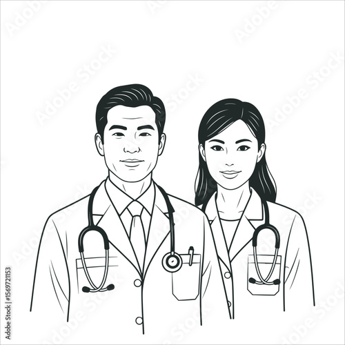 Asian doctors. Doctors in medical attire, with stethoscopes around their necks