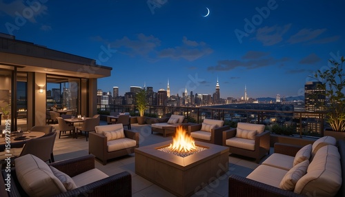 Luxury rooftop terrace at night with fire pit and skyline view, elegant outdoor ambiance
