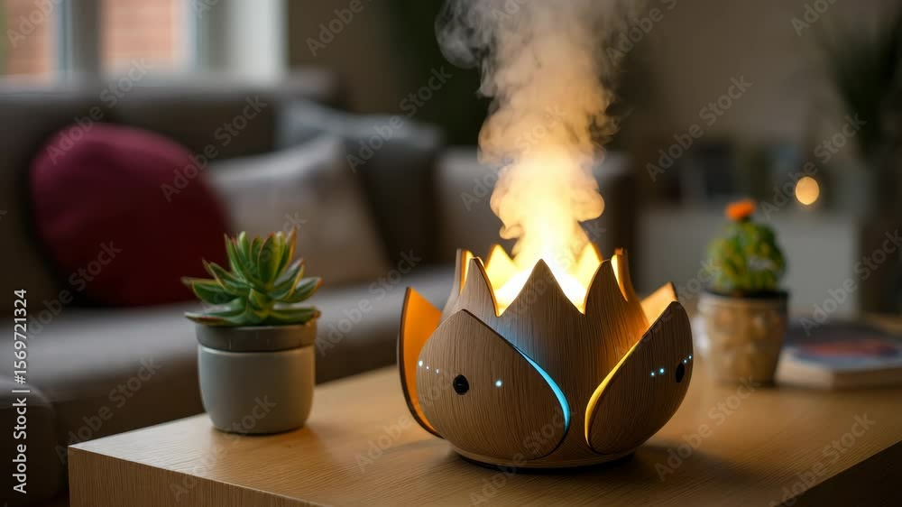Modern living room interior with wooden lotus shaped aroma oil diffuser emitting soft light and mist