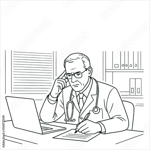  Doctor Analyzing Patient Data. and preparing patient treatment report. Doctor reviewing medical notes at desk