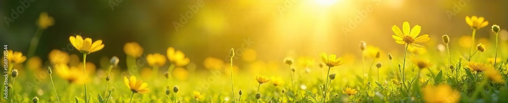 Fototapeta premium Golden Meadow Wildflowers A Whimsical Summer Scene of Blooming Yellow Flowers Bathed in Magical Light, Perfect for Childhood Dreams and Fantasy Illustrations