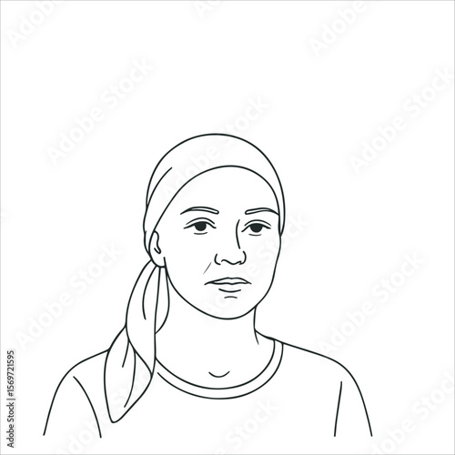 Cancer patient. Woman with headscarf, line drawing for cancer awareness