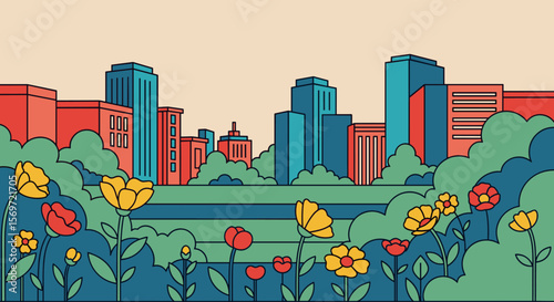 A vibrant cityscape showcasing colorful buildings and lush flower garden, symbolizing urban nature and community well being