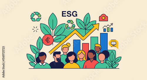 Diverse professionals showcasing environmental, social, and governance (ESG) values, emphasizing sustainable business growth and responsible investing