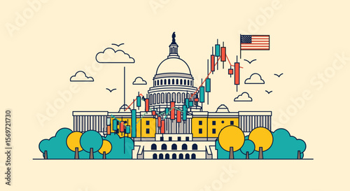 Capitol Hill with vibrant stock market chart, symbolizing financial policy and government regulation influencing market trends, showcasing economic impact