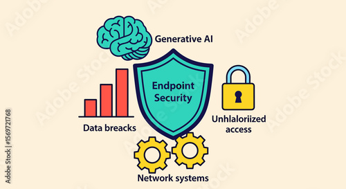 Endpoint security concept depicting network systems protected from data breaches, unauthorized access, generative AI threats.