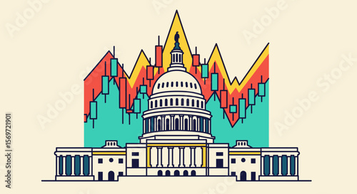 A conceptual depiction showcasing financial markets impacting governmental policy, highlighting economic volatility and legislative decision making processes