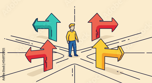 A conceptual illustration showcasing a man at a crossroads symbolizing choices, decisions and directions, emphasizing career path options