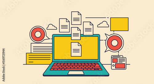 A vibrant laptop showcasing document management and cloud computing, symbolizing data organization and digital transformation efficiency