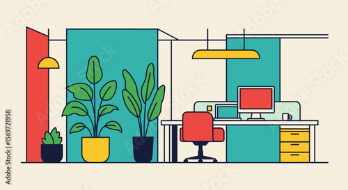 Modern office interior showcasing desk and computer, representing workplace efficiency and design for productivity enhancement