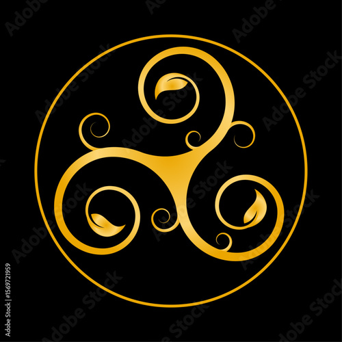 Golden Triskele Design: Elegant golden triskele symbol with leaf motifs, set against a black background, perfect for spiritual, Celtic, or nature-themed projects.
