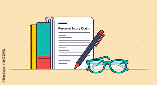 A detailed illustration showcasing a personal injury claim form, a pen, and glasses, representing legal paperwork and claim processing