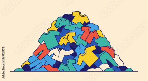 A colorful illustration showcasing a pile of clothes, symbolizing overconsumption and fast fashion, highlighting textile waste and environmental issues