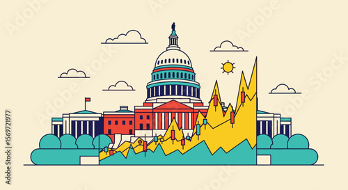 Depiction of the Capitol Hill with rising financial chart, showcasing government influence on market volatility and symbolizing economic policy impacts