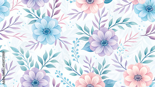 Pastel floral pattern with blue purple pink flowers and green leaves image