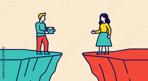 Two people separated by gap showcasing communication via message, symbolizing connection across distance highlighting business relationship