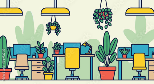 Vibrant open office space featuring modern workstations and lush indoor plants, emphasizing workplace wellness and a productive atmosphere