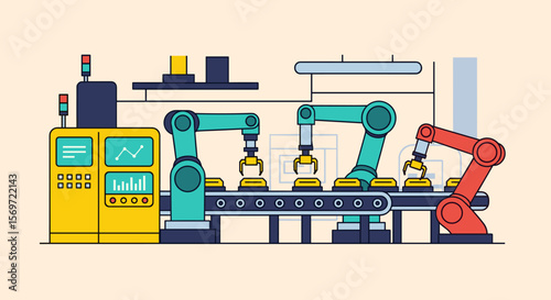 Advanced factory line showcasing automation, robotic arms, and manufacturing, representing efficiency and modern industrial technology