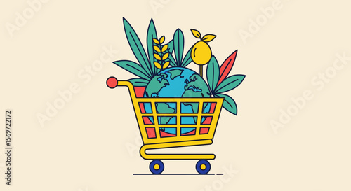 A vibrant illustration showcasing sustainable shopping with globe and flora in a cart, symbolizing eco-friendly consumerism and conservation