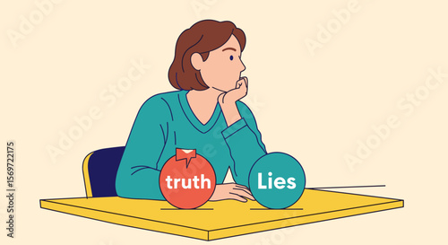 Adult contemplating truth versus lies at a table, representing moral dilemma and decision making between honesty and deception