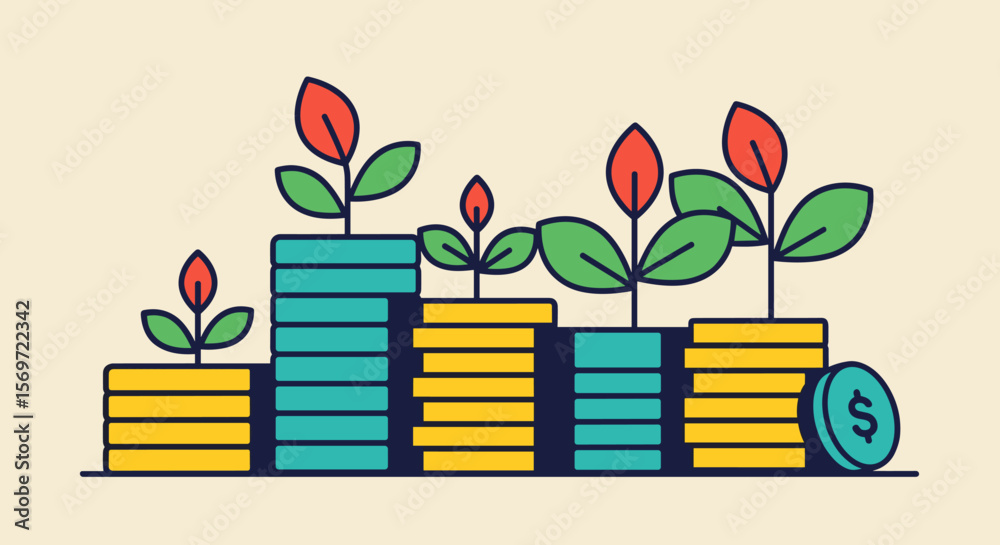 Obraz premium Conceptual growth showcasing stacked coins with plants, symbolizing investment strategy, financial growth, and long term investment success