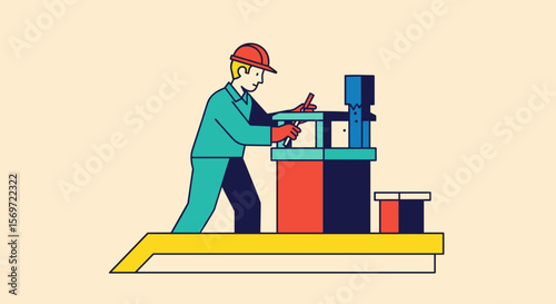 A stylized illustration showcasing a worker operating industrial machinery, highlighting safety and manufacturing process