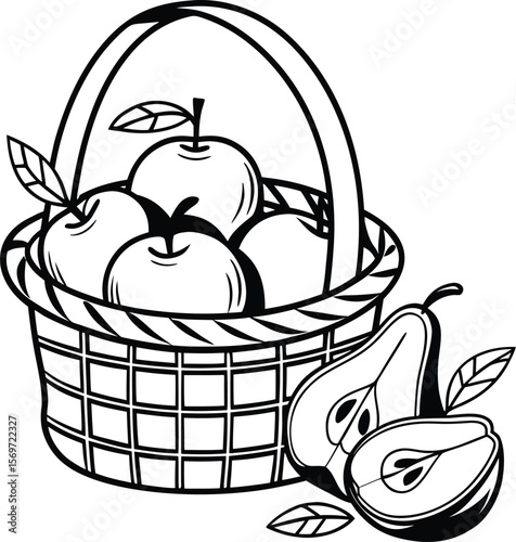 basket with apples A woven basket overflowing with a variety of fresh fruits and vegetables, A logo for a local food pantry that features a stylized fruit basket