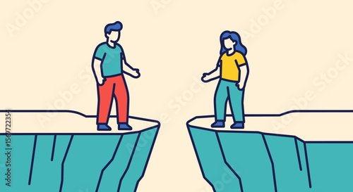 Two people standing on separate cliffs showcasing a gap, representing communication barriers and relationship challenges hindering connection