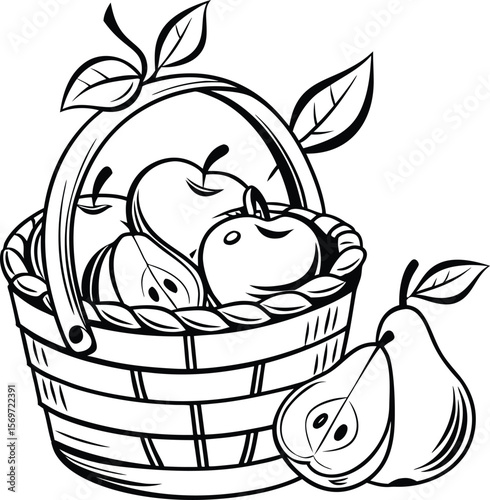 apples in a basket A woven basket overflowing with a variety of fresh fruits and vegetables, A logo for a local food pantry that features a stylized fruit basket
