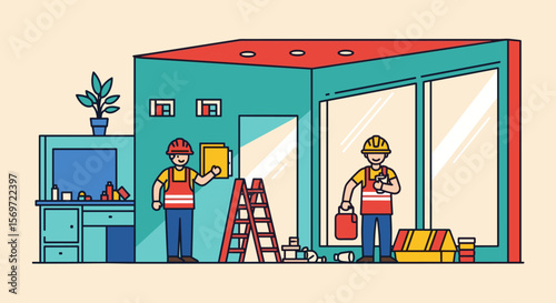 Two construction workers renovating an interior space, featuring ladder and paint, symbolizing home improvement and building expertise