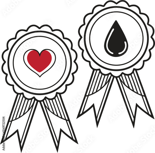 heart with ribbon Donor badge symbolizing appreciation with heart and blood drop, red and black designs
