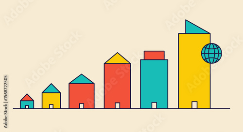 Growth chart depicting stylized buildings, showcasing global expansion representing company success in a competitive economy and thriving future
