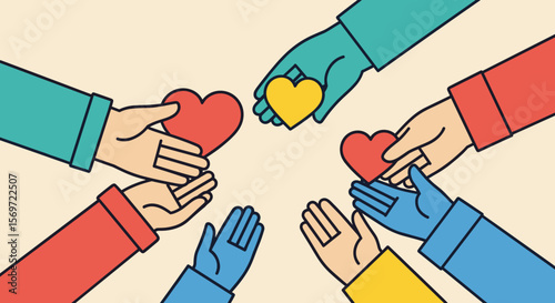 Conceptual image showcasing hands giving and receiving hearts, symbolizing charity, love, and support in community, representing generosity and kindness