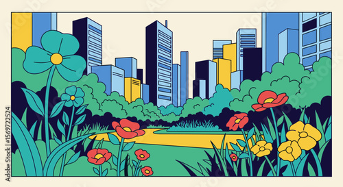 Lush park landscape showcasing vibrant flowers in urban cityscape, representing natural beauty amid modern development