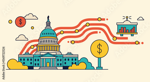 Buildings architecture and money flow, highlighting economic influence in government, representing financial impact on public infrastructure