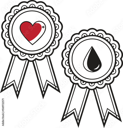 heart shaped ribbon Donor badge symbolizing appreciation with heart and blood drop, red and black designs