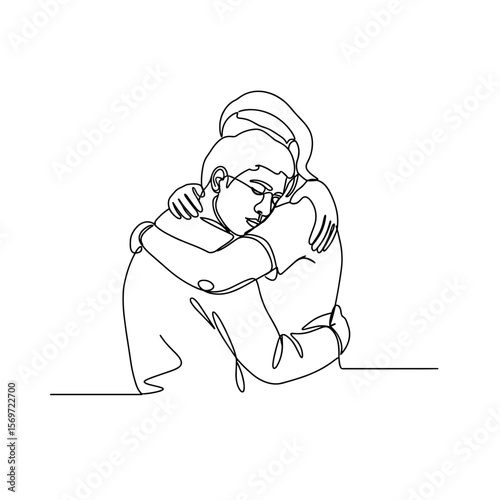 Couple hugging with closed eyes in line art style